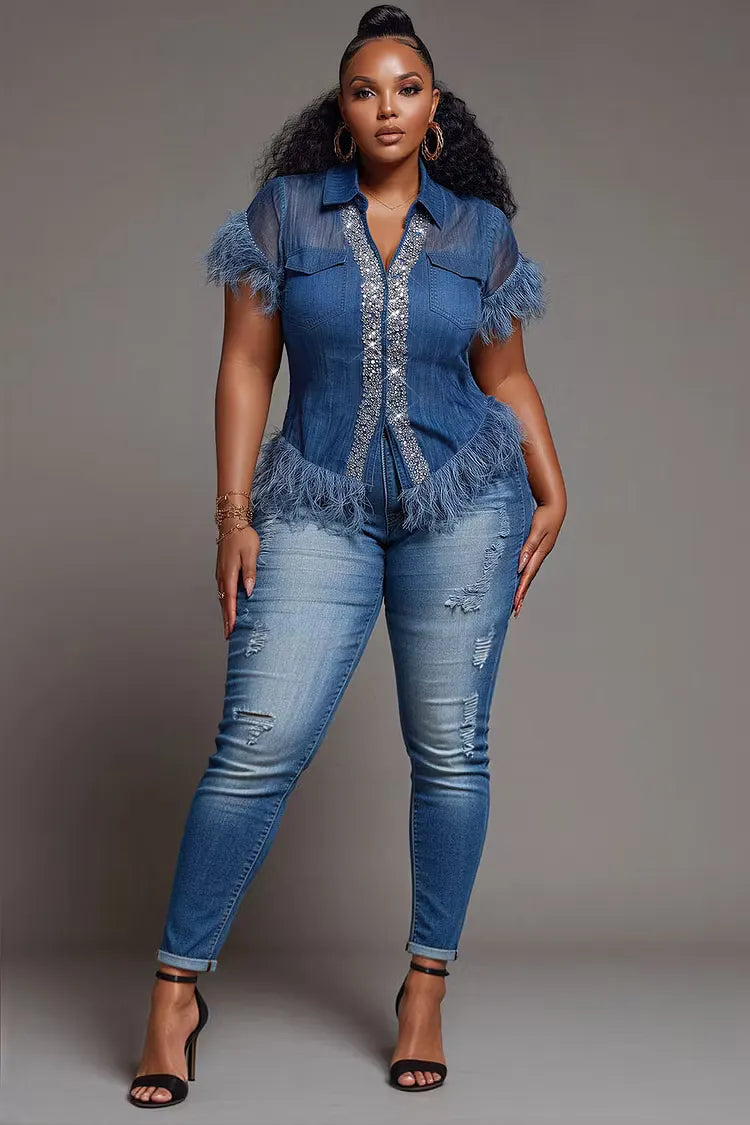Plus Size Denim Fringe Rhinestone Top