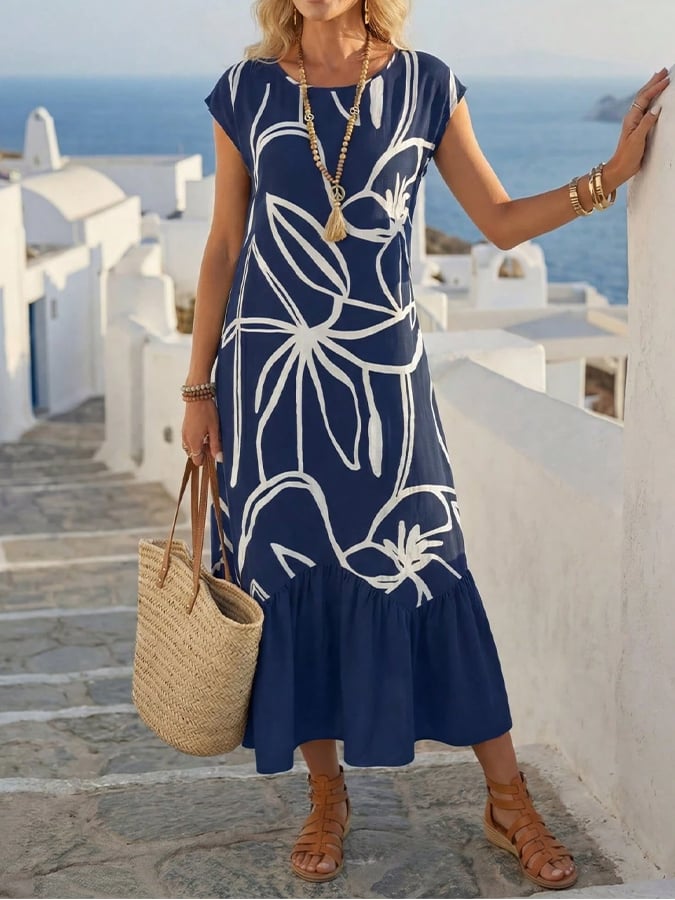 Women'S Casual Round-Neck Printed Vacation Dress