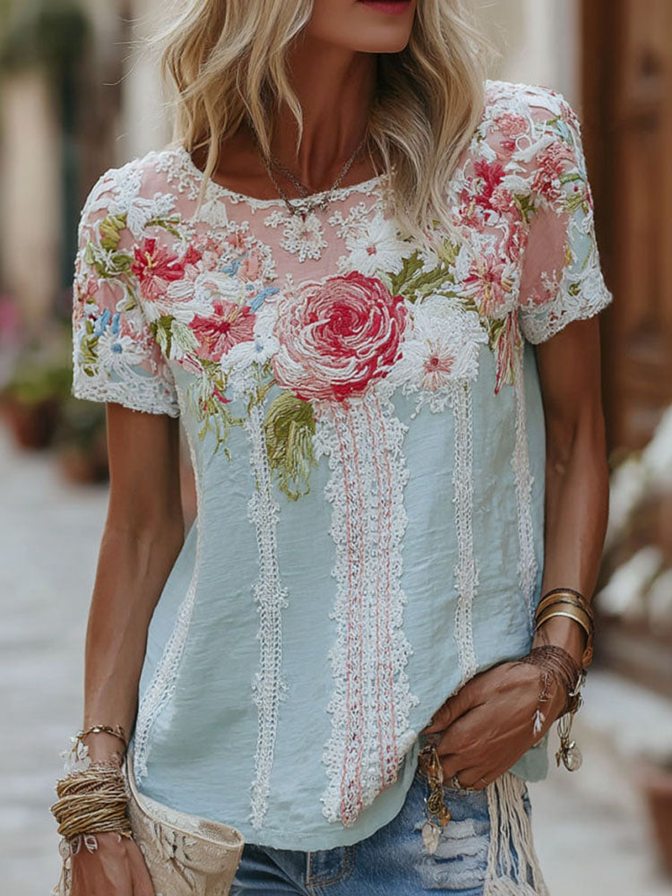 Women's Floral Lace Embroidery Casual Cotton Linen T-shirt
