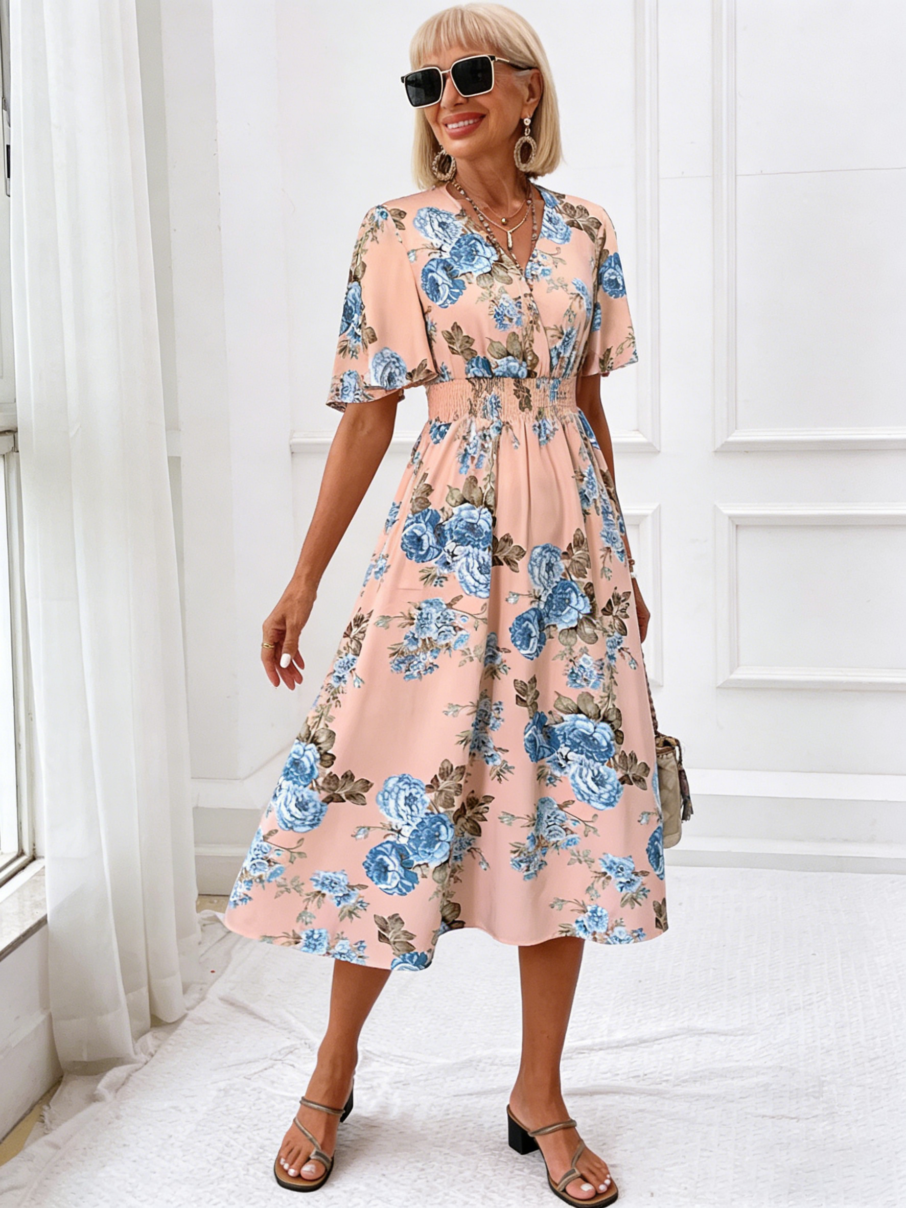 Seaside Vacation Dress Plant Flower Print Dress