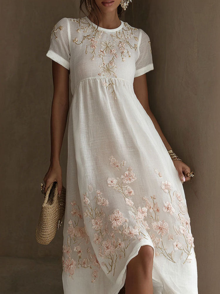 Women's Floral Art Embroidery Cotton Linen Casual Round Neck Dress