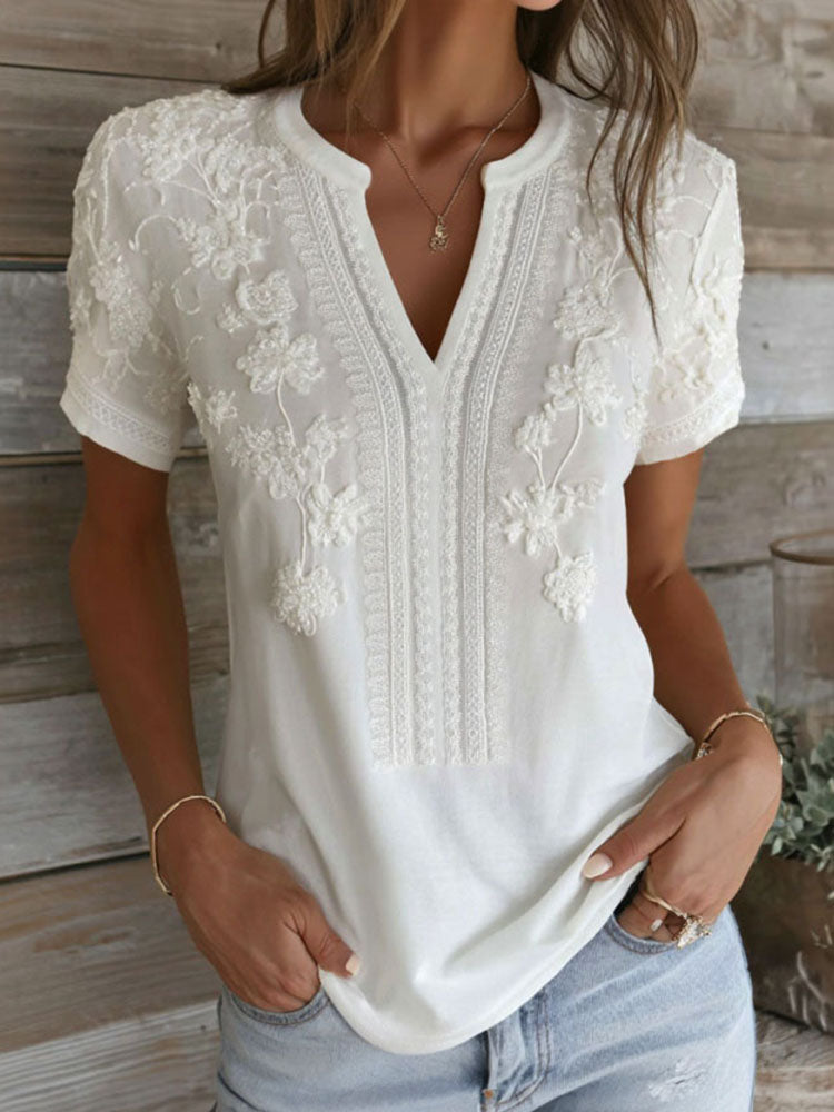 Women's Floral Art Embroidery Casual Linen Blend T-shirt