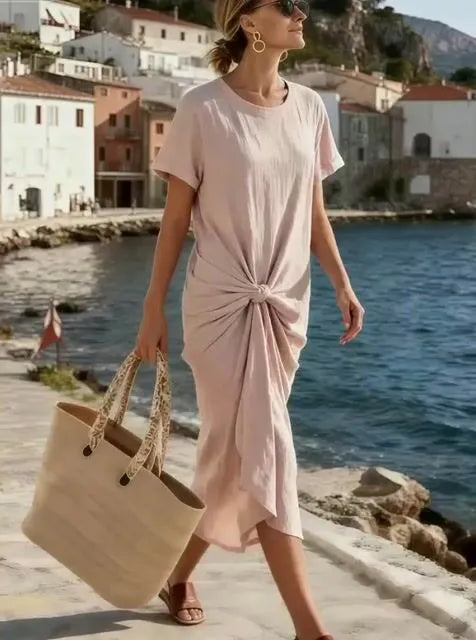 Women's Summer Short Sleeve Round Neck Pleated Jumpsuit