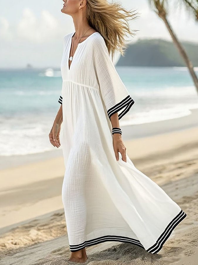 Women's Holiday Stripe Print V-Neck Cotton and Linen Dress