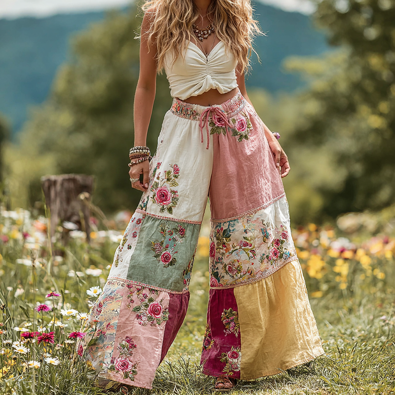 Women's Vintage Floral Patch Linen Casual Wide Leg Pants