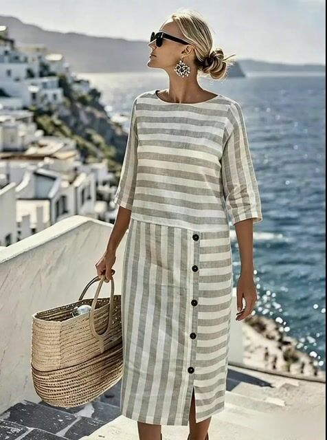 Women'S Casual Color-Block Cotton And Linen Dress