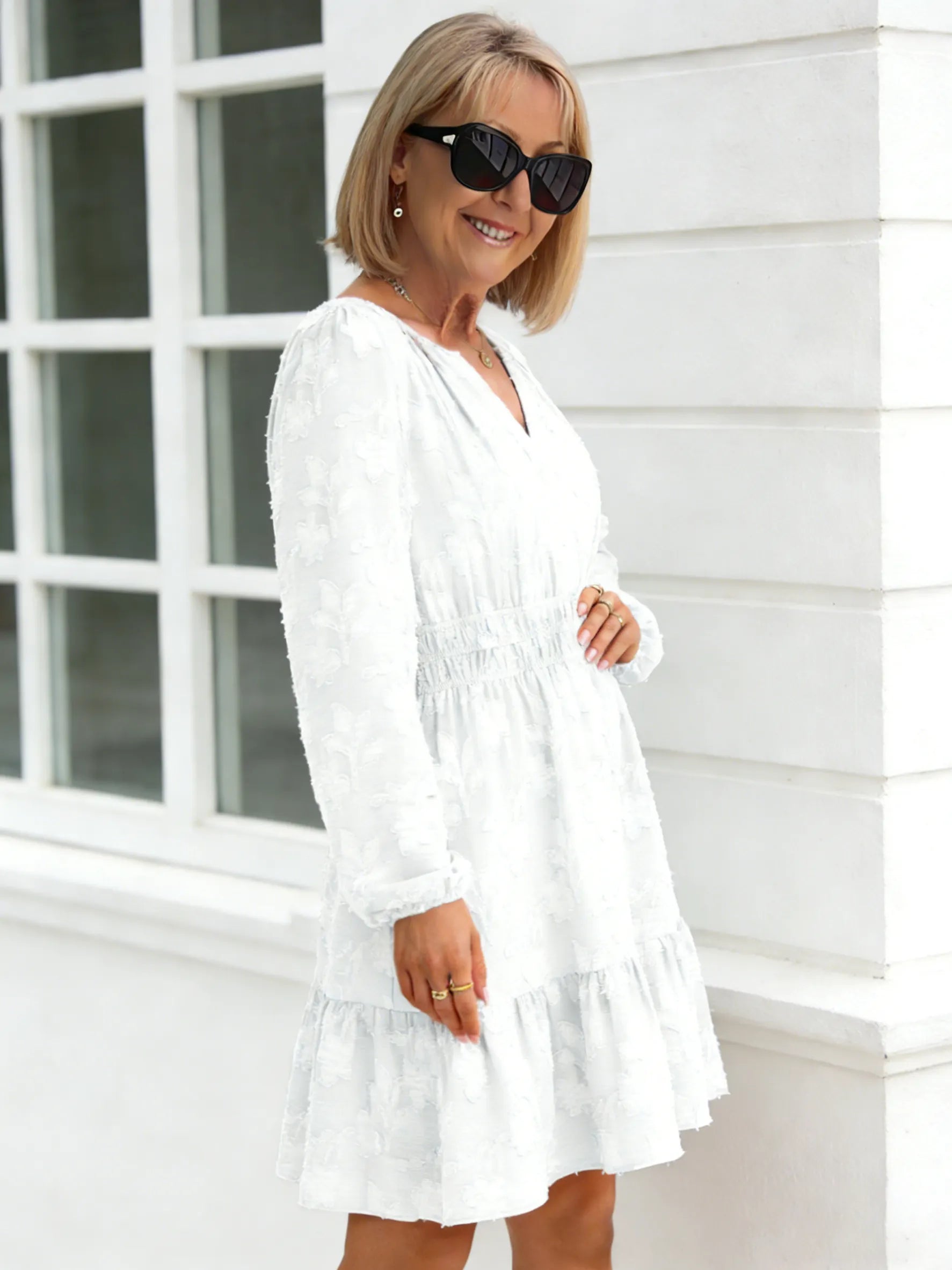 Jacquard V-neck Pullover Elastic Waist Pendulum Women's Long-sleeved Ruffle Edge Dress