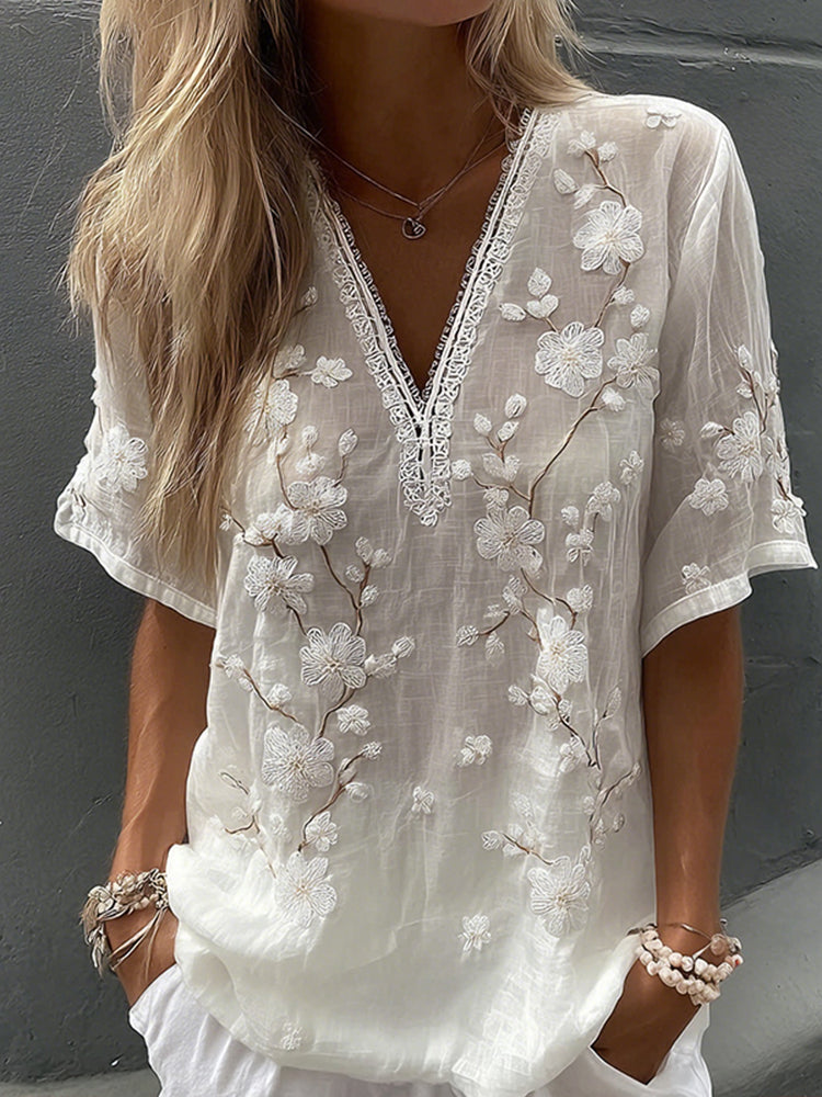 Women's Vintage Floral Print V Neck Linen Blend Short Sleeve T-shirt