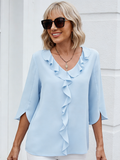 Chiffon Shirt Medium Sleeve V-neck Pleated Ruffle Edge Loose Women's Top