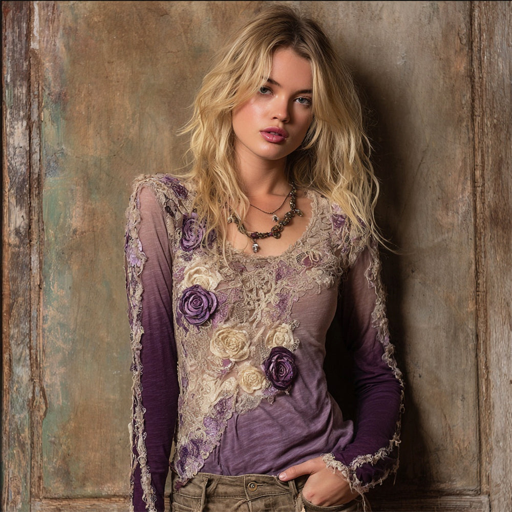 Boho Purple Floral Embroidery Women's Long Sleeve T-shirt