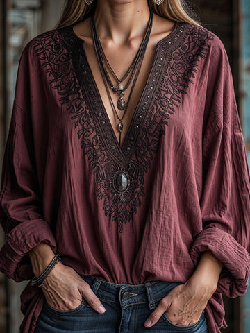 Women's Floral Art Print Linen Tops