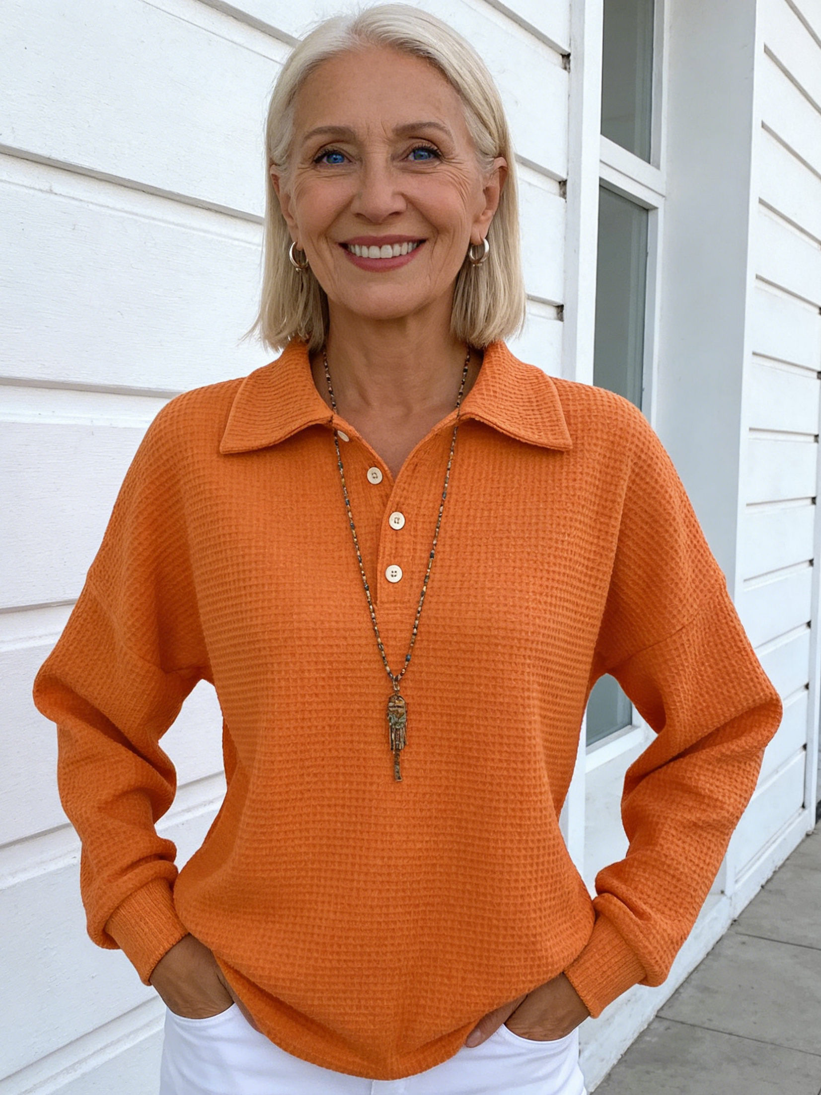 Loose Solid Color Lapel Versatile Polo Shirt Waffle Long Sleeve Women's Top