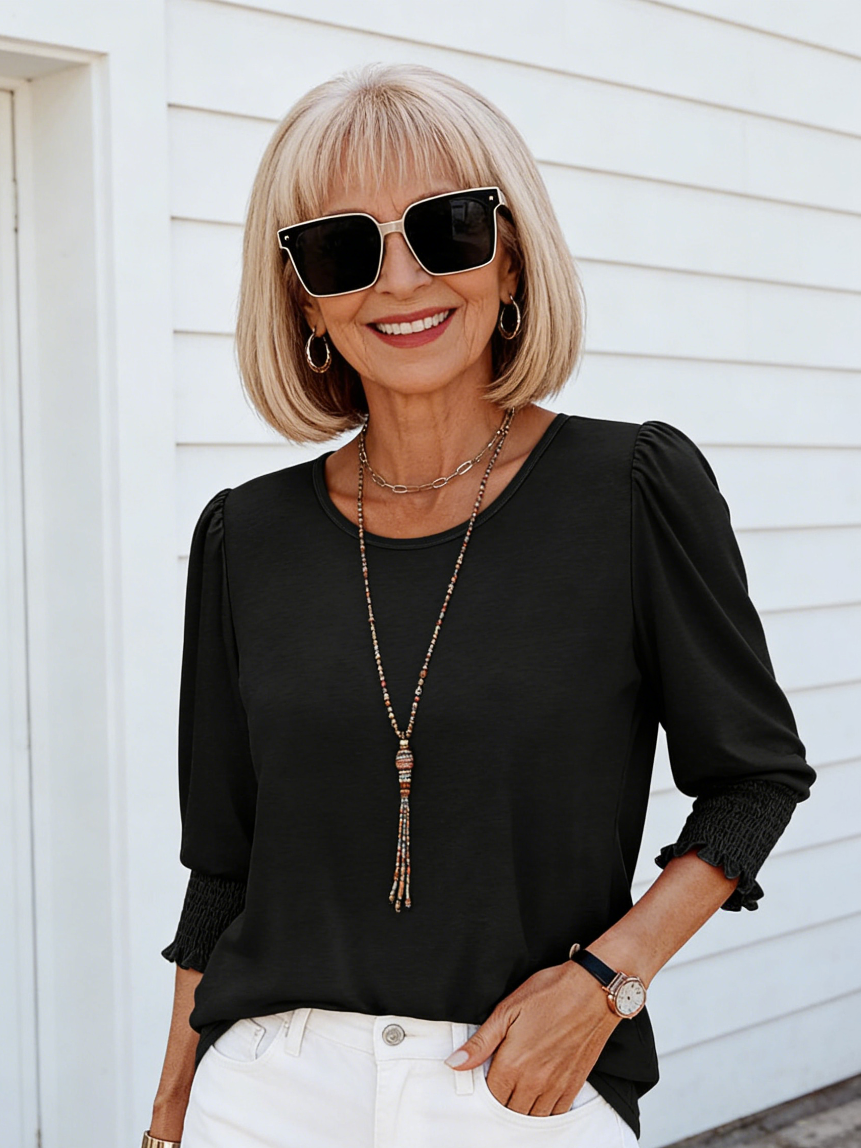 Seven-quarter-sleeved V-neck Printed Loose Casual T-shirt Top