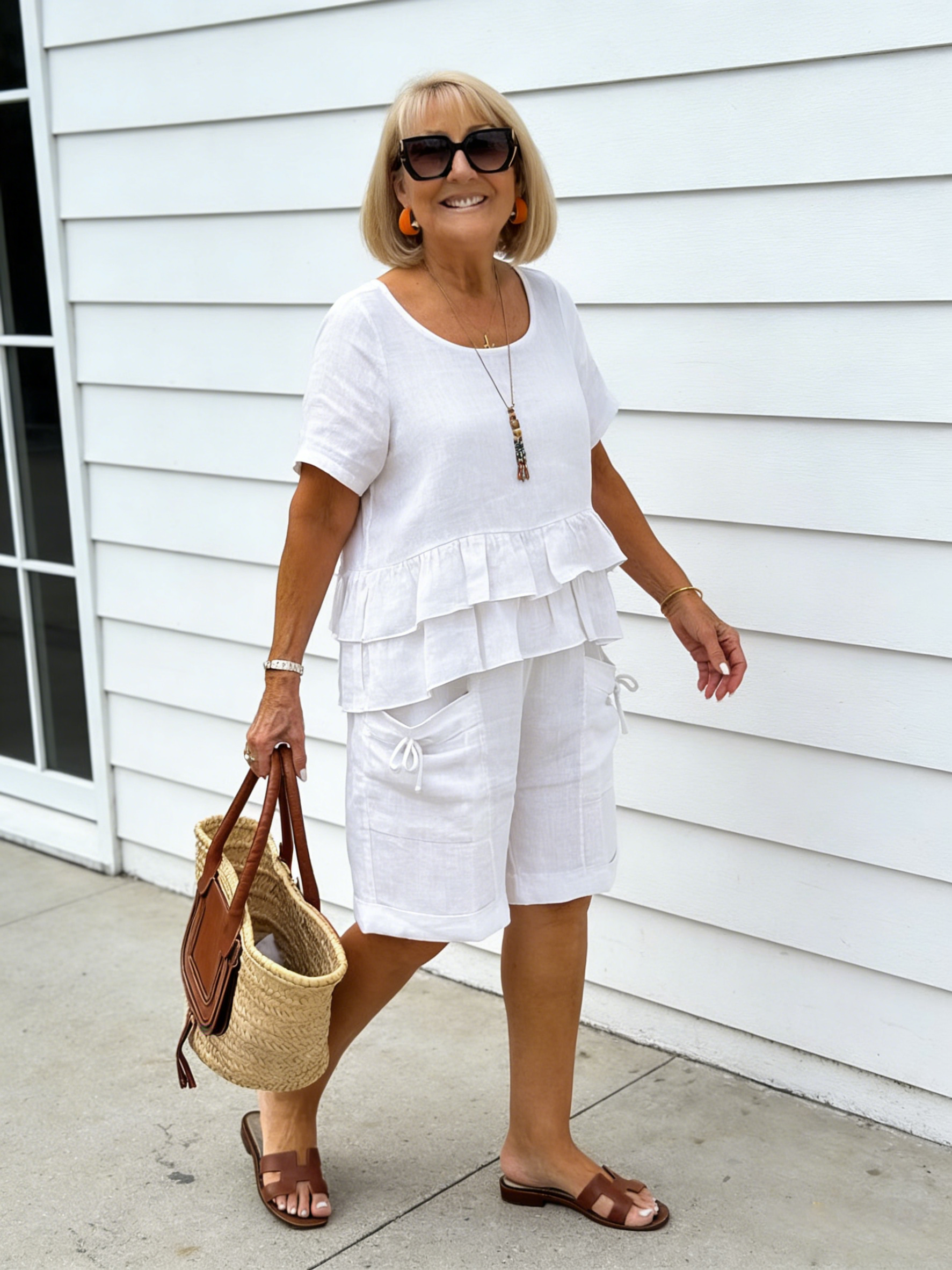 2Pcs Cotton and Linen Short-sleeved Shorts Casual Suit Women