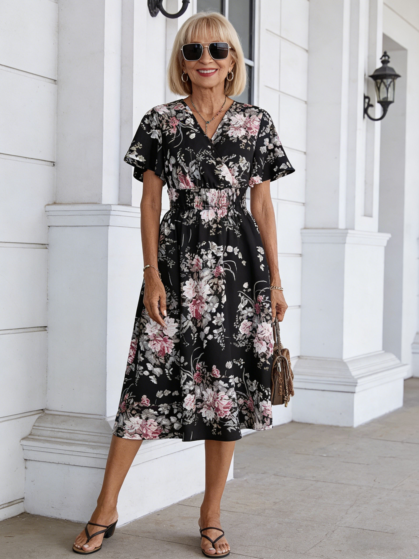 Seaside Vacation Dress Plant Flower Print Dress