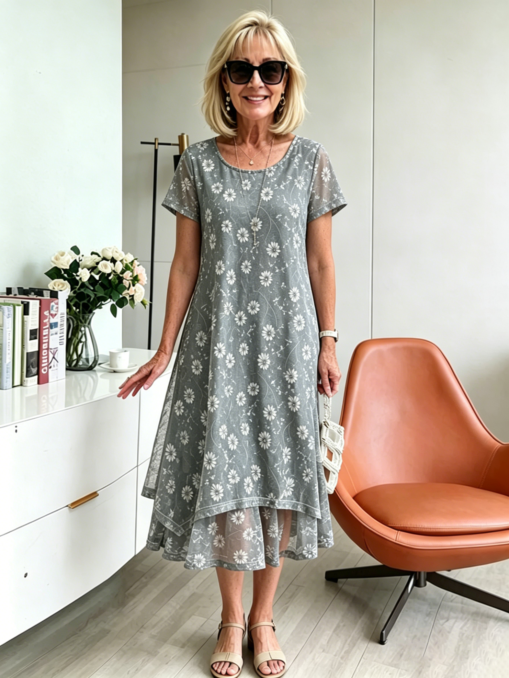 Grey & Orange Floral Mesh Layered Midi Dress, Round Neck 3/4 Sleeve Loose Tummy Concealing Plus Size Dress for Mature Women