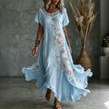 Women's Vintage Rose Floral Art Pattern Crew Neck Short Sleeve Linen Maxi Dress