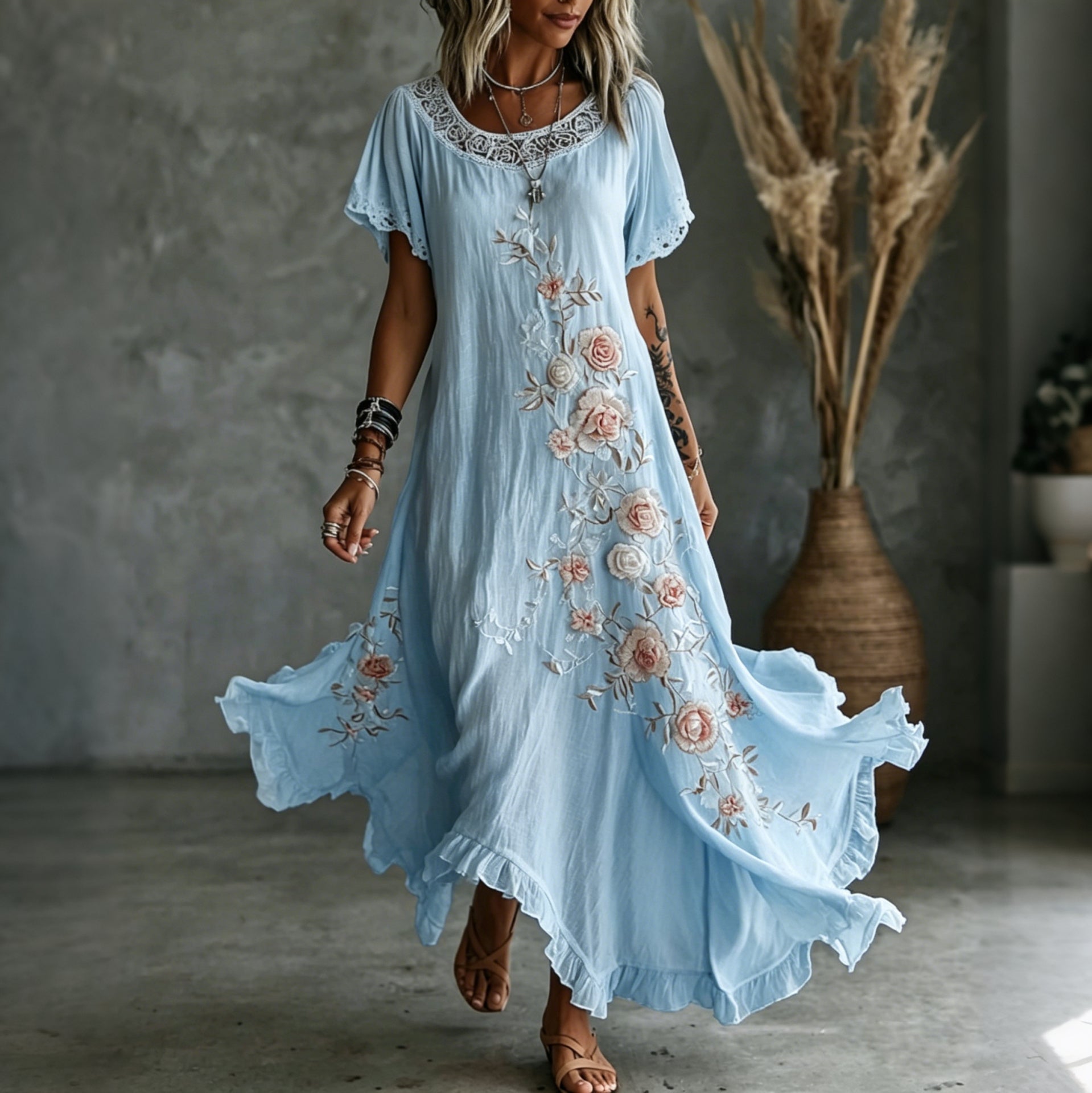 Women's Vintage Rose Floral Art Pattern Crew Neck Short Sleeve Linen Maxi Dress