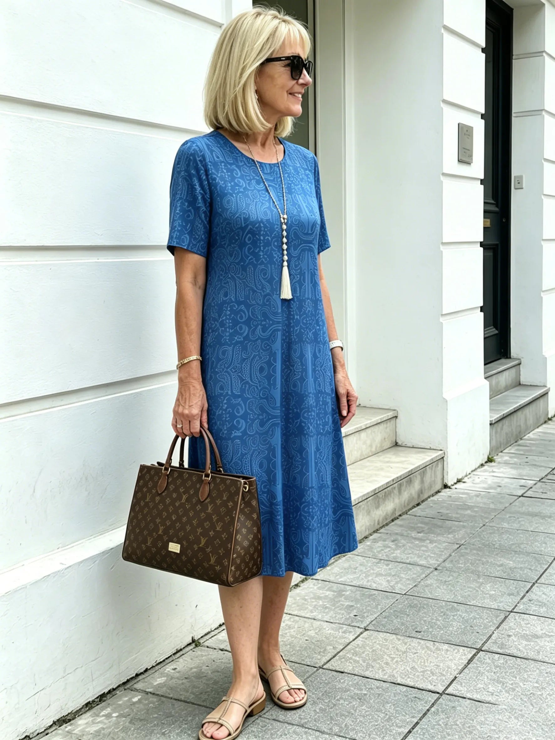 Blue Paisley Print Loose Midi Dress, Round Neck Short Sleeve Tummy Concealing Slimming Temperament Dress for Mature Women