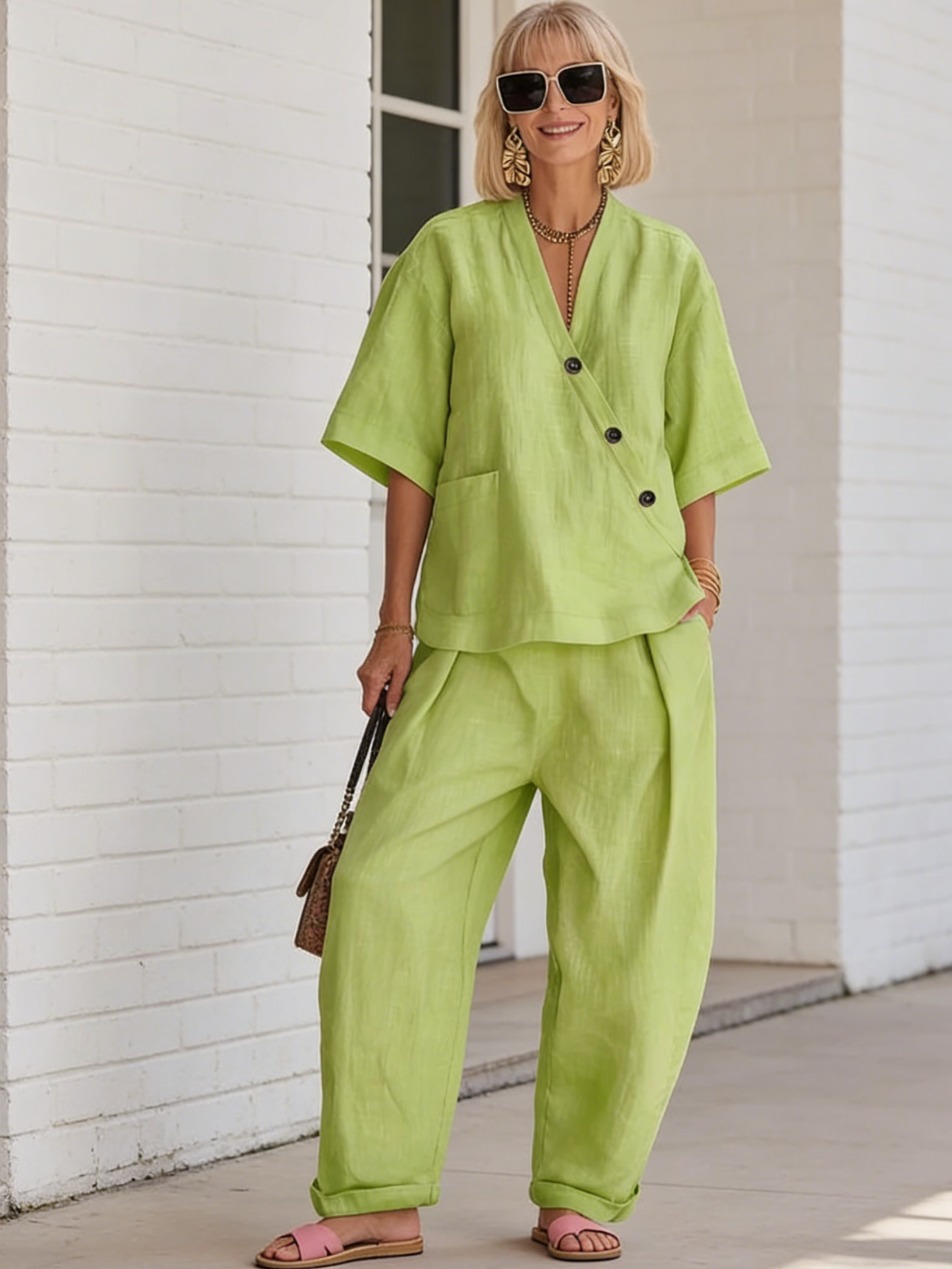 2Pcs Casual Solid Color V-neck Loose Short-sleeved Top High-waisted Trousers Two-piece Set