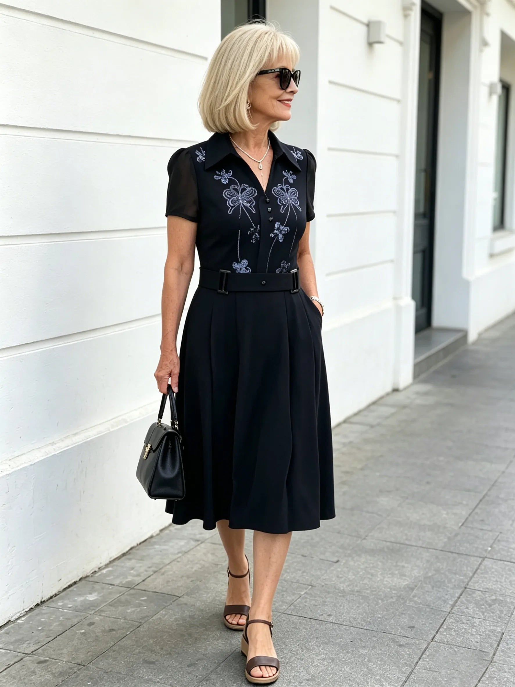 Brown Collared Sequin Embellished A-Line Midi Dress, Belted Waist Short Sleeve Elegant Dress for Mature Plus Size Women