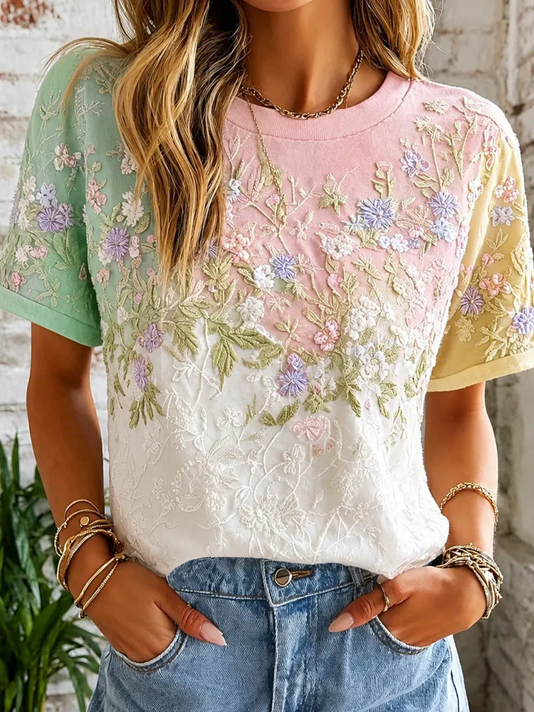 Women's Retro Floral Art Embroidery Color Block Cotton Linen Casual T-shirt