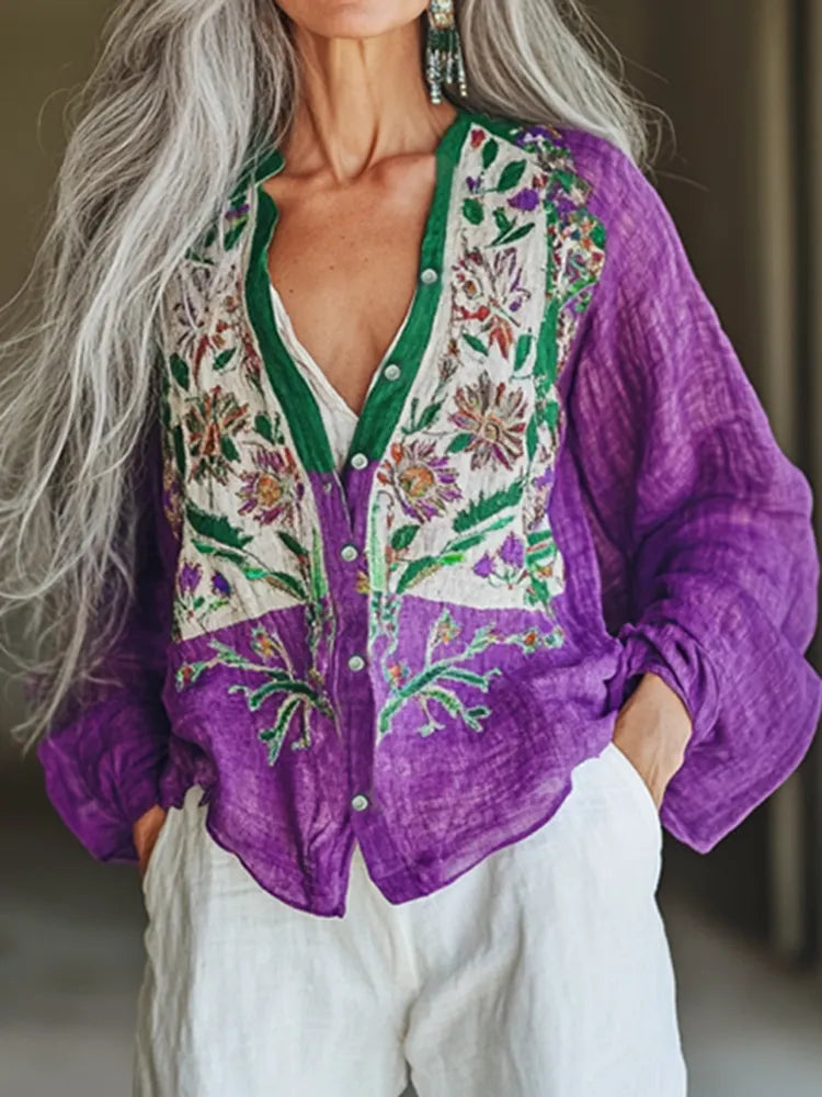 Bohemian Linen Floral Art Print Long Sleeve Loose Shirt