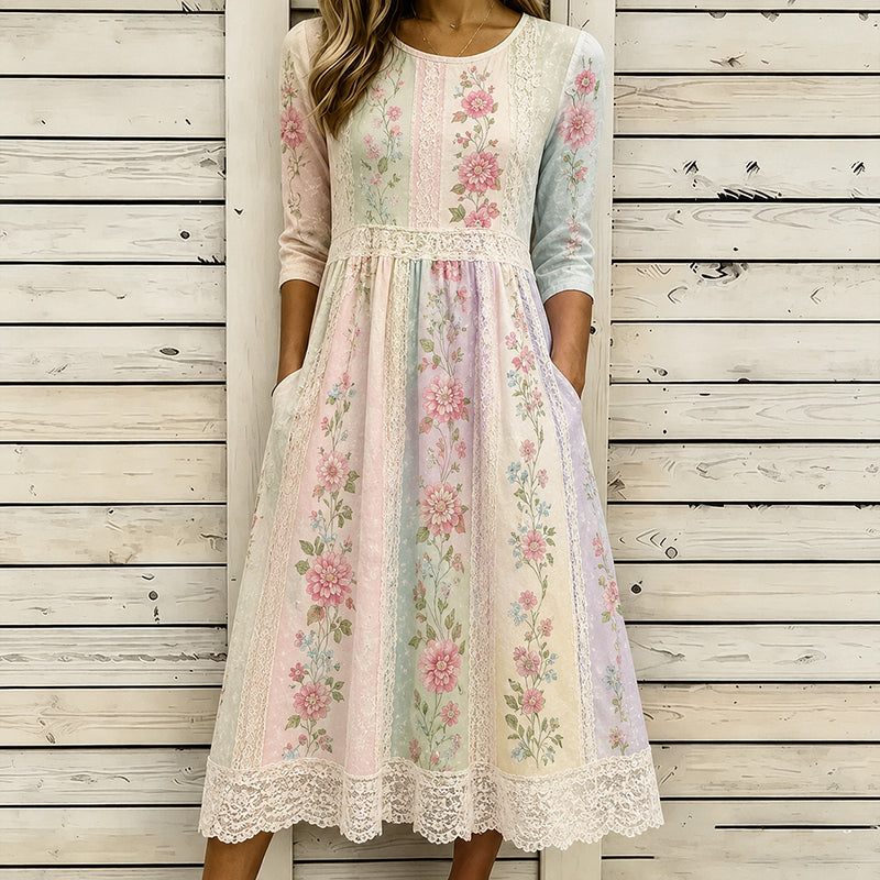 Women's Ethnic Morandi Contrast Color Patchwork Linen Dress