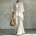 Classy White Almond Blossom Flowy Linen Tunic & Wide Leg Pants Set