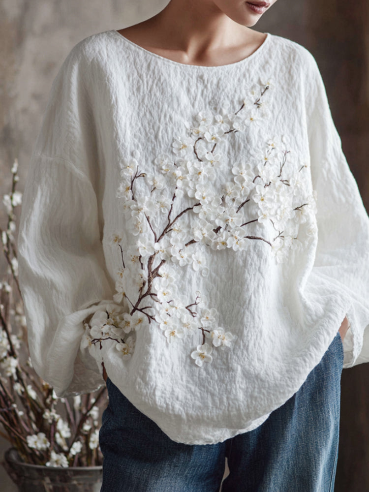 Vintage White Cherry Blossom Art Pleated Textured Cotton Linen Loose Crew Neck Long Sleeve Top