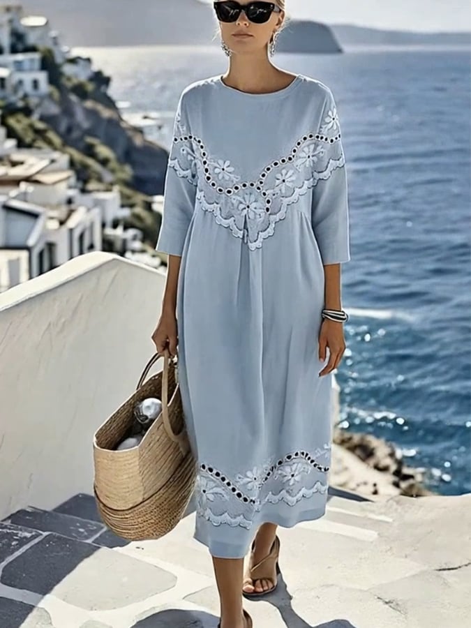 Women'S Casual Color-Block Cotton And Linen Dress