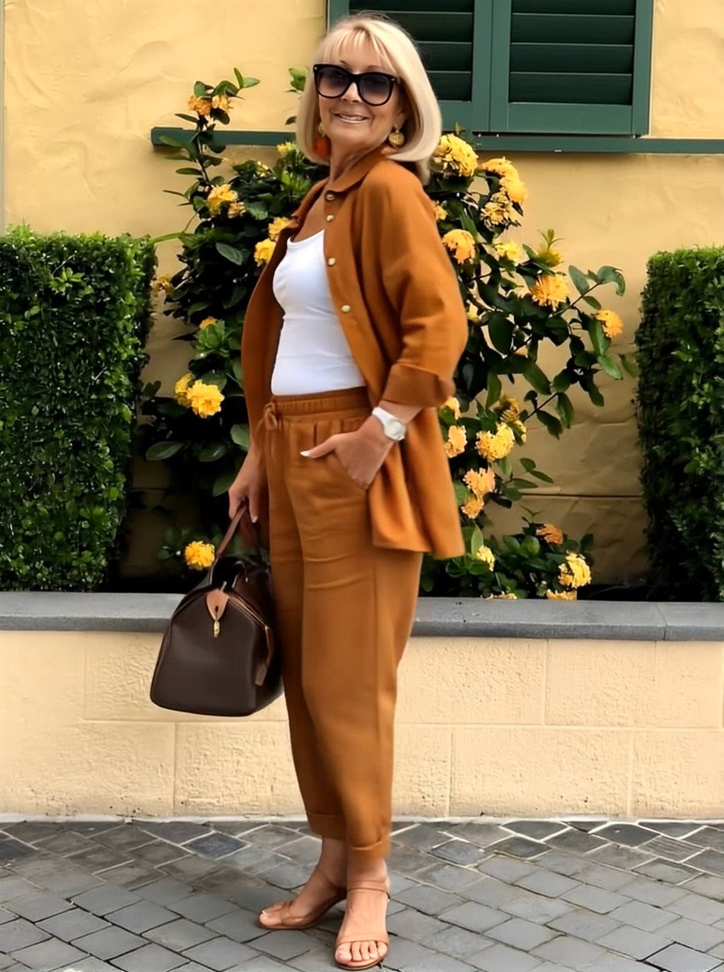 Long Sleeve Button Shirt &Minimalist Solid Two-piece Set