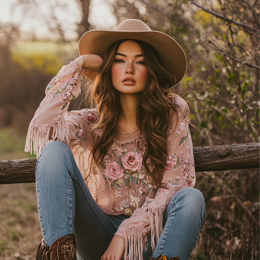 Women's Bohemian Floral Embroidered Blouse With Fringe Details