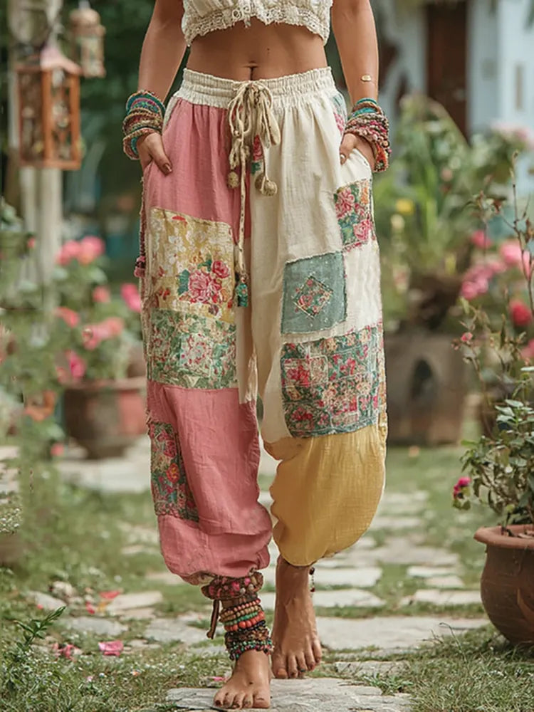 Vintage Retro Floral Patchwork Art Linen Pants