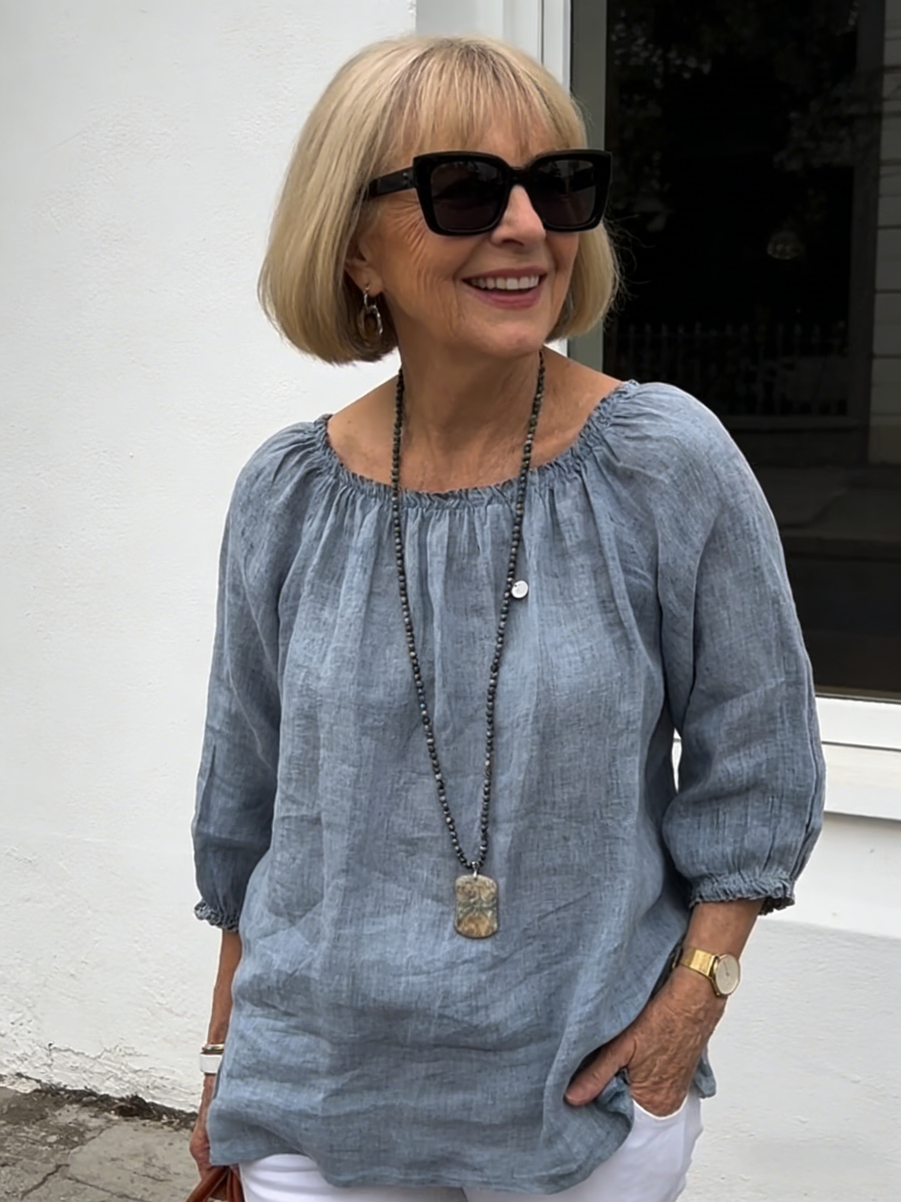 Solid Color Round Neck Medium Sleeve Pullover Cotton and Linen Casual Top