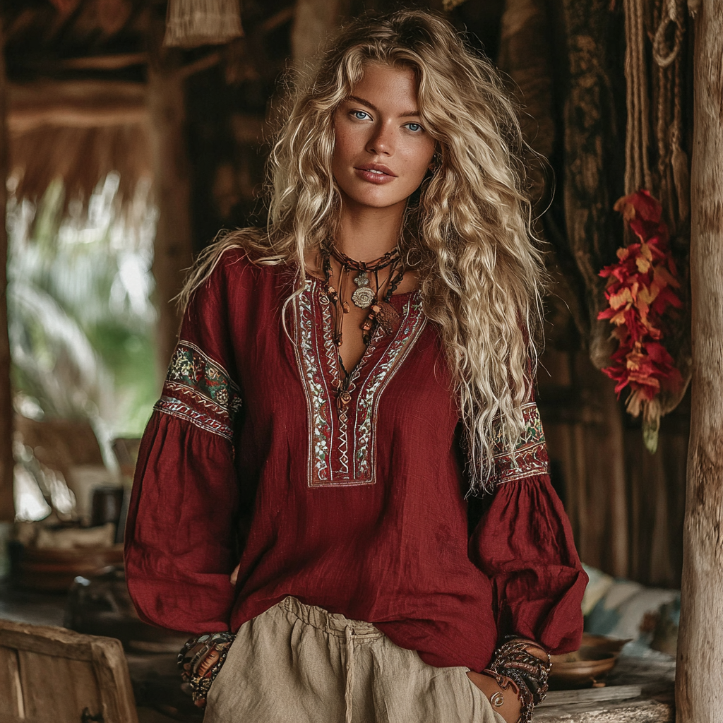 Women's Vintage Vacation Boho Tribal Ethnic Print V-neck Linen Blend Long Sleeve Tops