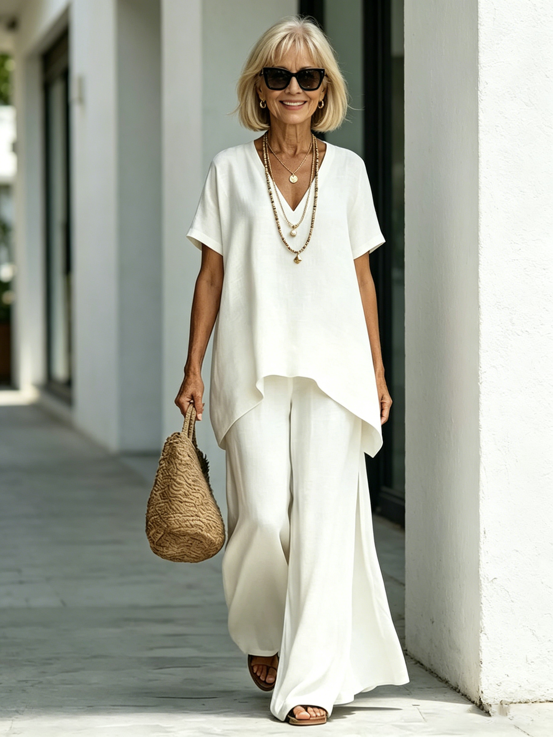 Cotton and Linen V-neck Short-sleeved Fashion Loose Top Wide-leg Pants Set