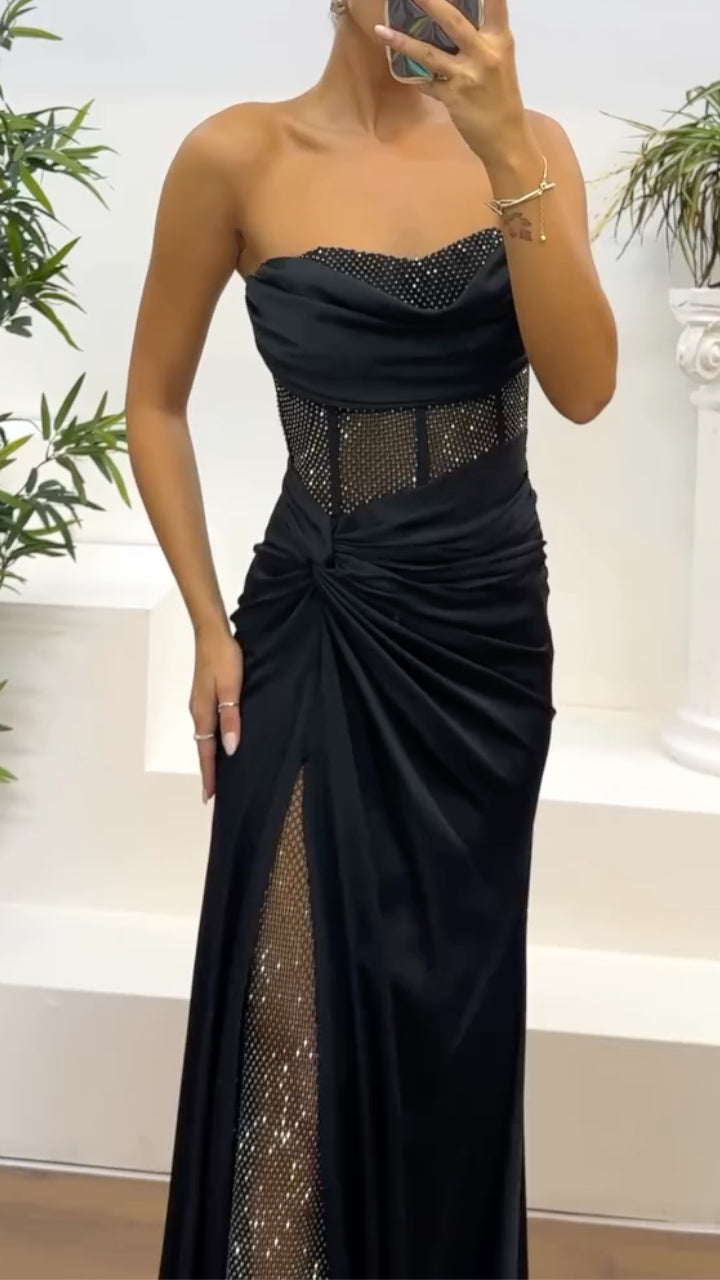 Black Strapless Rhinestone Satin Prom Gown
