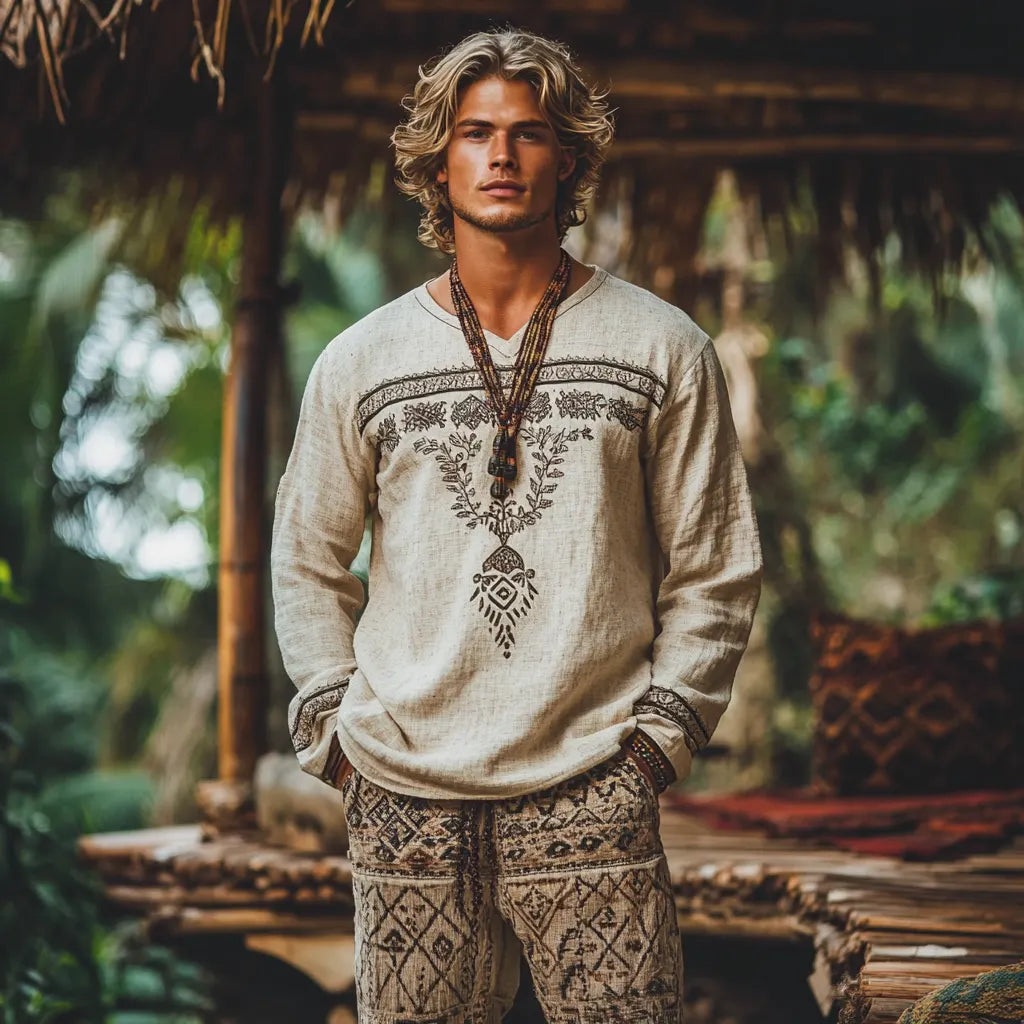 Men's Bohemian Holiday Style Vintage Linen Printed Casual Long Sleeve Top