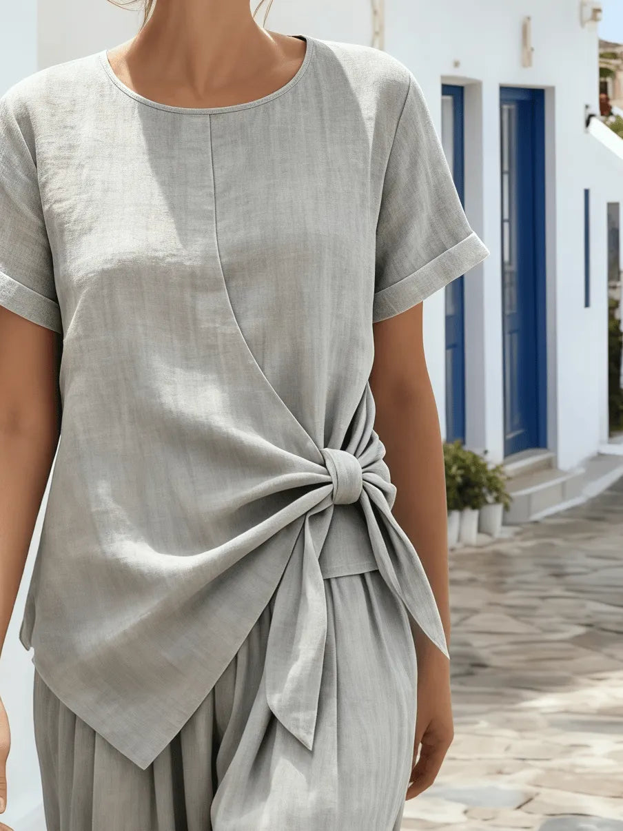 Women's Round Neck Pleated Short-Sleeved Suit With Tie Detail