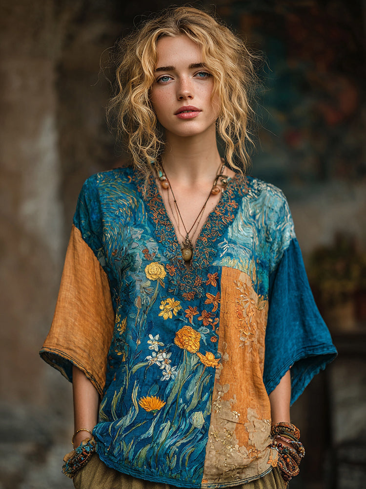 Starry Sky And Sunflower Iris Patchwork Oil Painting V-neck T-shirt