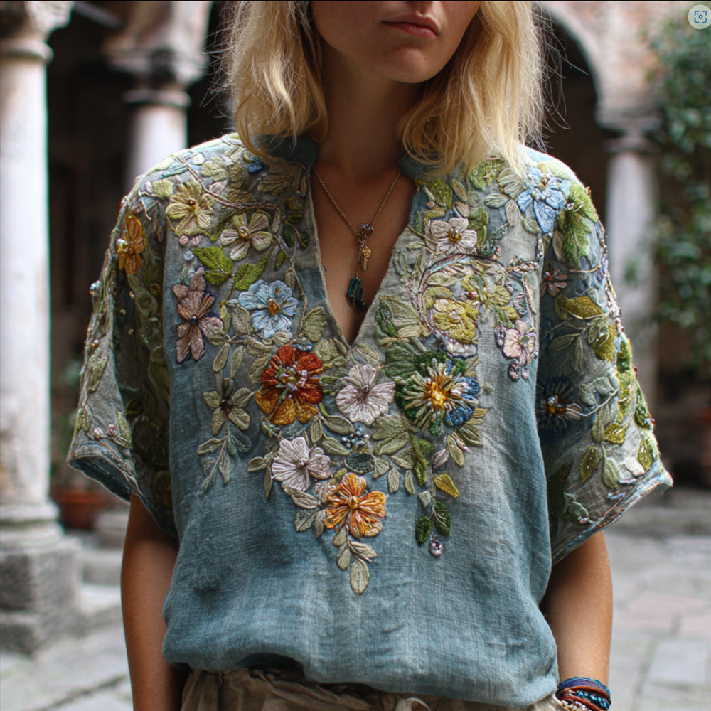 Bohemian Blue Melancholy Embroidery Vintage V-neck Short-sleeved Shirt