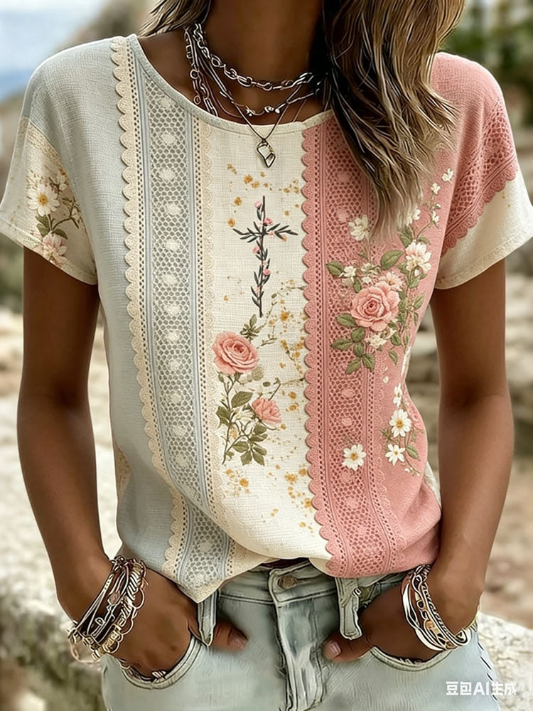 Women's Vintage Patchwork Floral Print Crew Neck T-shirt