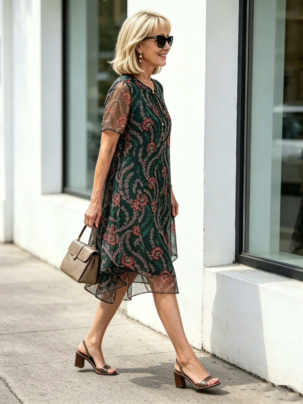 Dark Green Floral Print Mesh Midi Dress, Tie Neck Short Sleeve Loose Tummy Concealing Elegant Dress for Mature Women