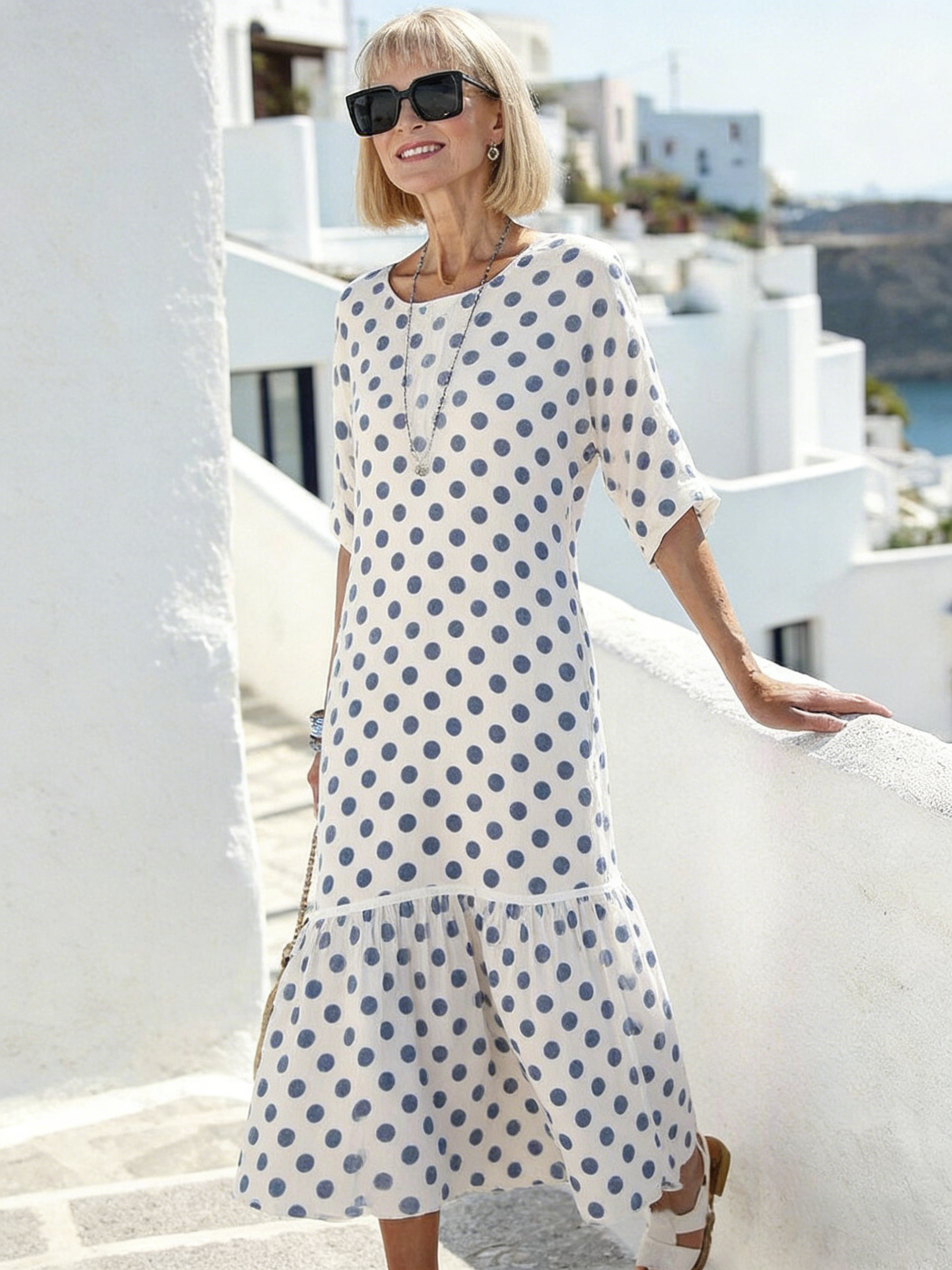 Vacation Casual Round Neck Half Sleeve Pullover Digital Printing Women's Dress Long Dress