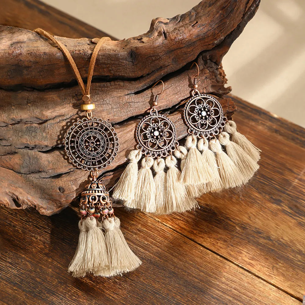 3pcs Boho Ethnic Long Sundry Colors Tassel Pendant Necklaces For Women Retro Rhinestone Drip Oil Alloy Necklace