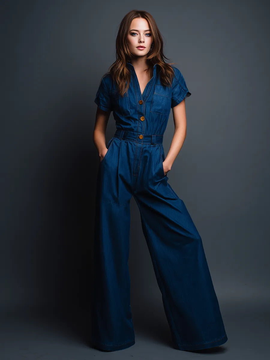 Women's Modern Minimalist Retro-Style Workwear: Blue Denim Short-Sleeve Jumpsuit MDZ2085D6ZJW
