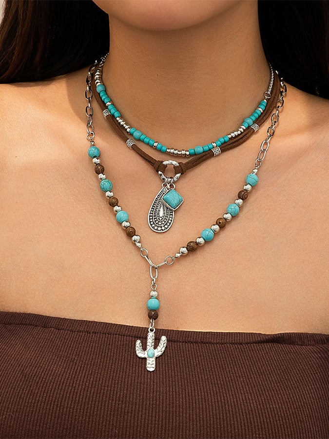 Women's Retro Bull Head Clavicle Exotic Ethnic Style Cactus Stacked Beaded Necklace