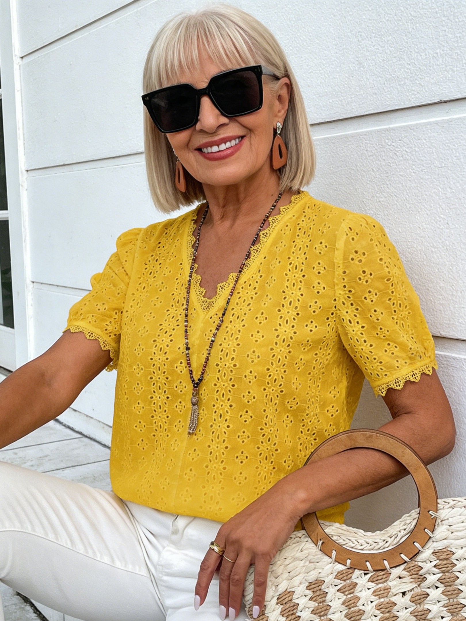 Textured Fabric Solid Color Short Sleeve Hollow Shirt