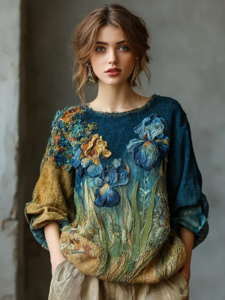 Women's Oil Painting Iris Embroidery Art Round Neck Linen Blend T-shirt